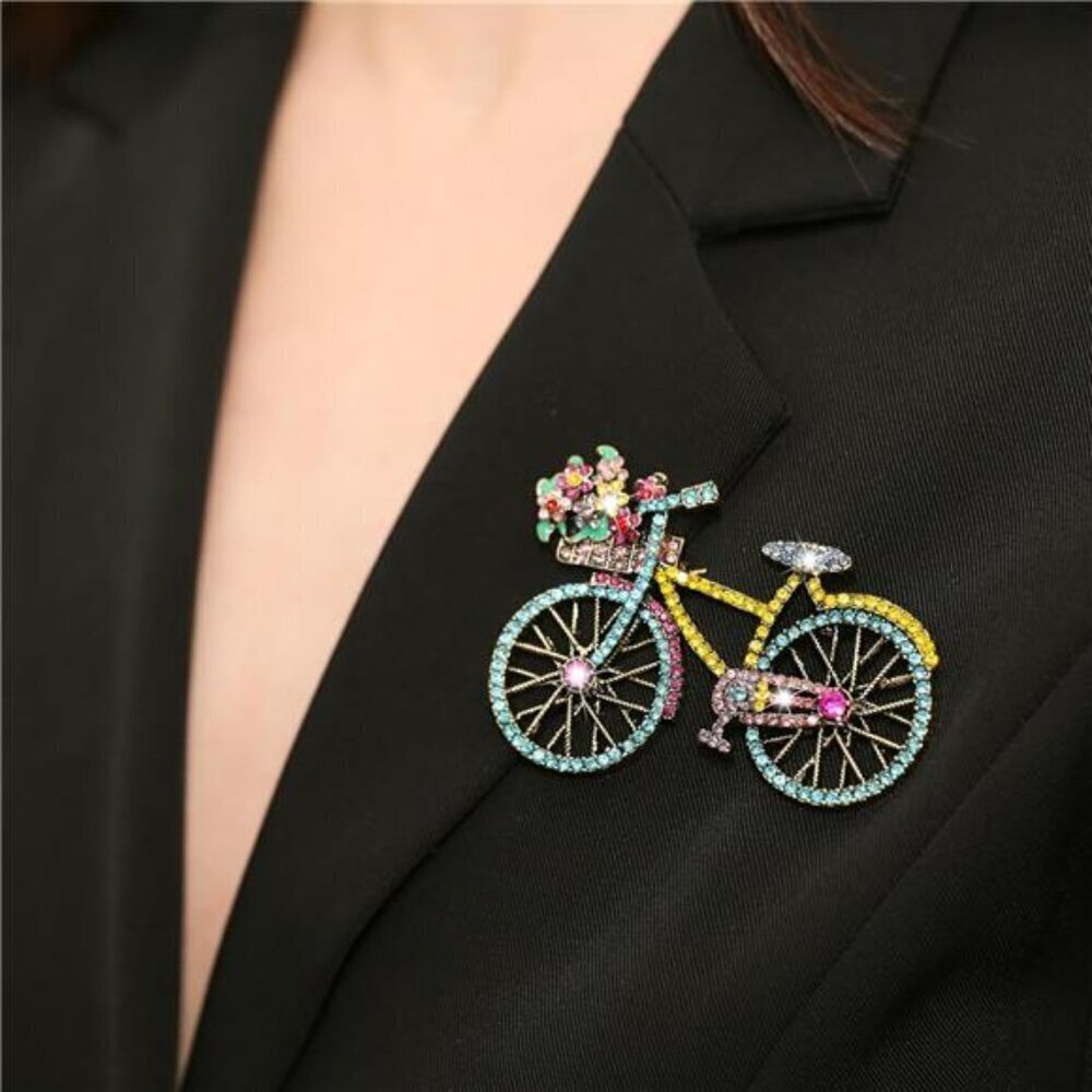 Blue Crystal Bicycle Brooch Handmade Rhinestone Retro Pin, Elegant Fashion Gif